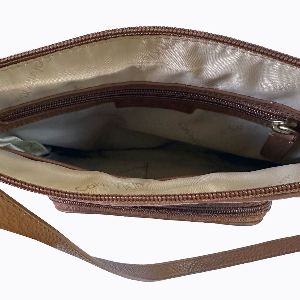 CK Brown Leather Shoulder Bag Crossbody Med Purse Pockets Y2K 90s Commute Office - Picture 6 of 9
